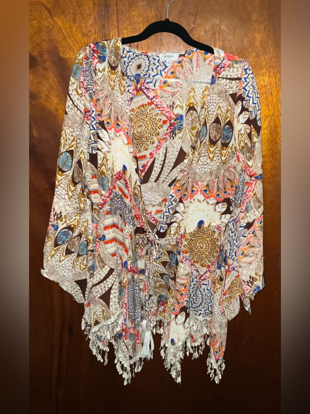 Umgee Multicolor Printed Tie-Front Kimono Top - Boho Fringe